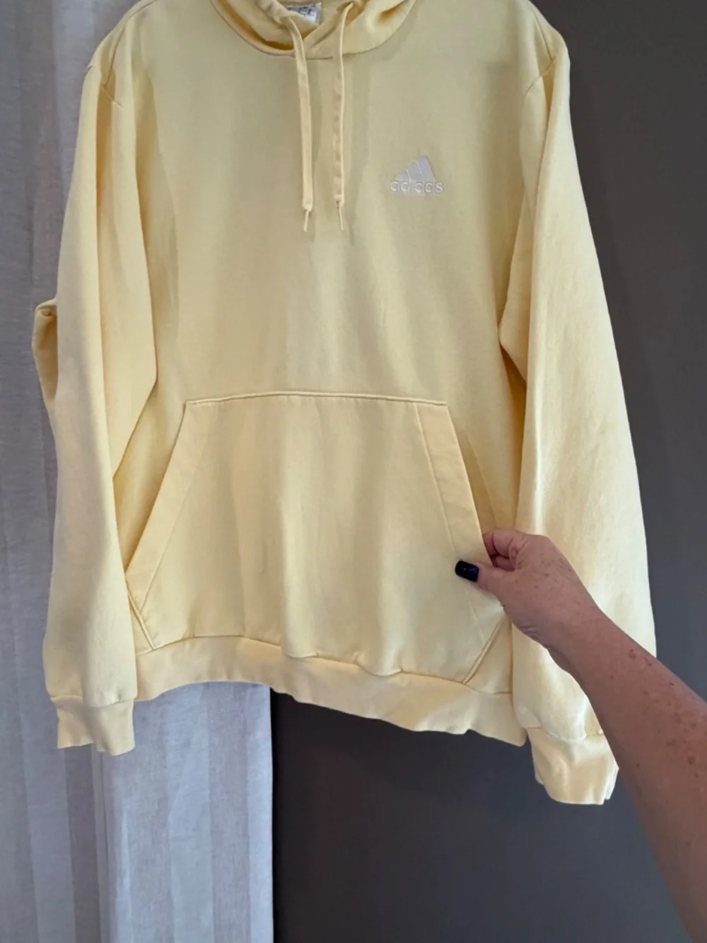 Adidas Yellow Hoodie Pullover Sweatshirt, Fleece, Soft Yellow, Size XL - Picture 3 of 12